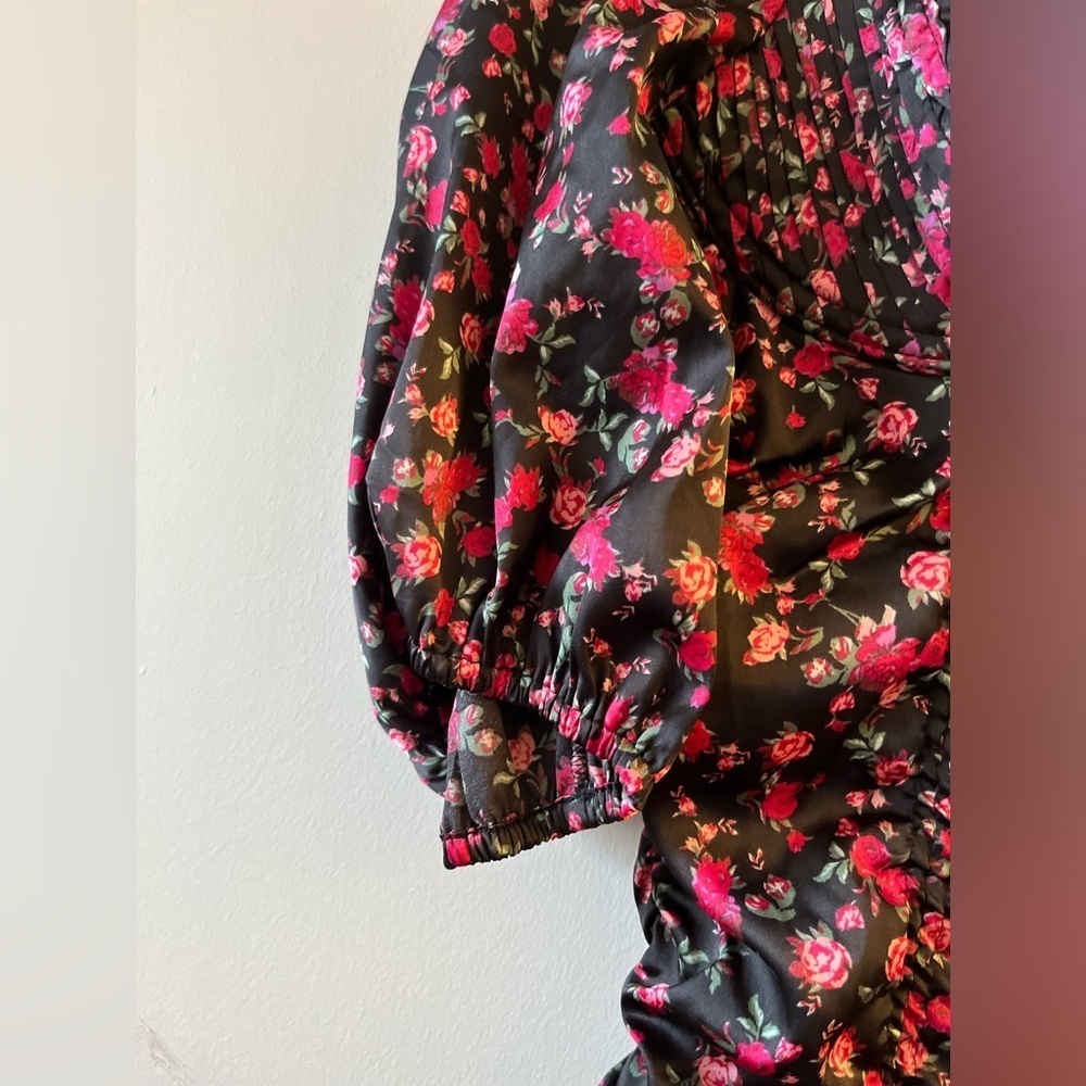 For Love & Lemons Melrose Satin Black and Pink Ruche Mini Puff sleeve dress - Picture 7 of 16